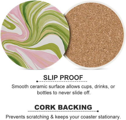 Watercolor Light Pink Green Swirl Marble Coasters Set of 4 Absorbent Coasters