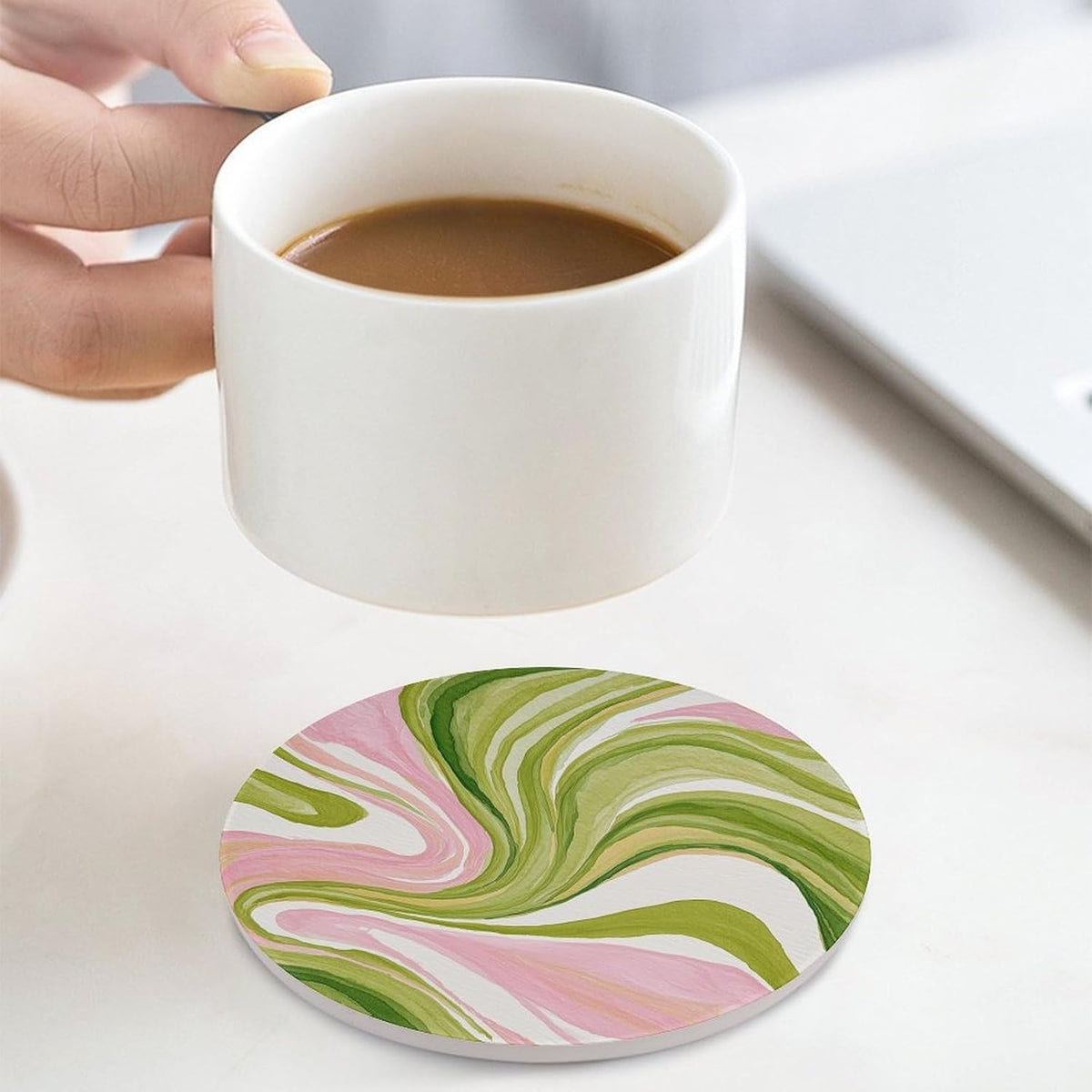 Watercolor Light Pink Green Swirl Marble Coasters Set of 4 Absorbent Coasters