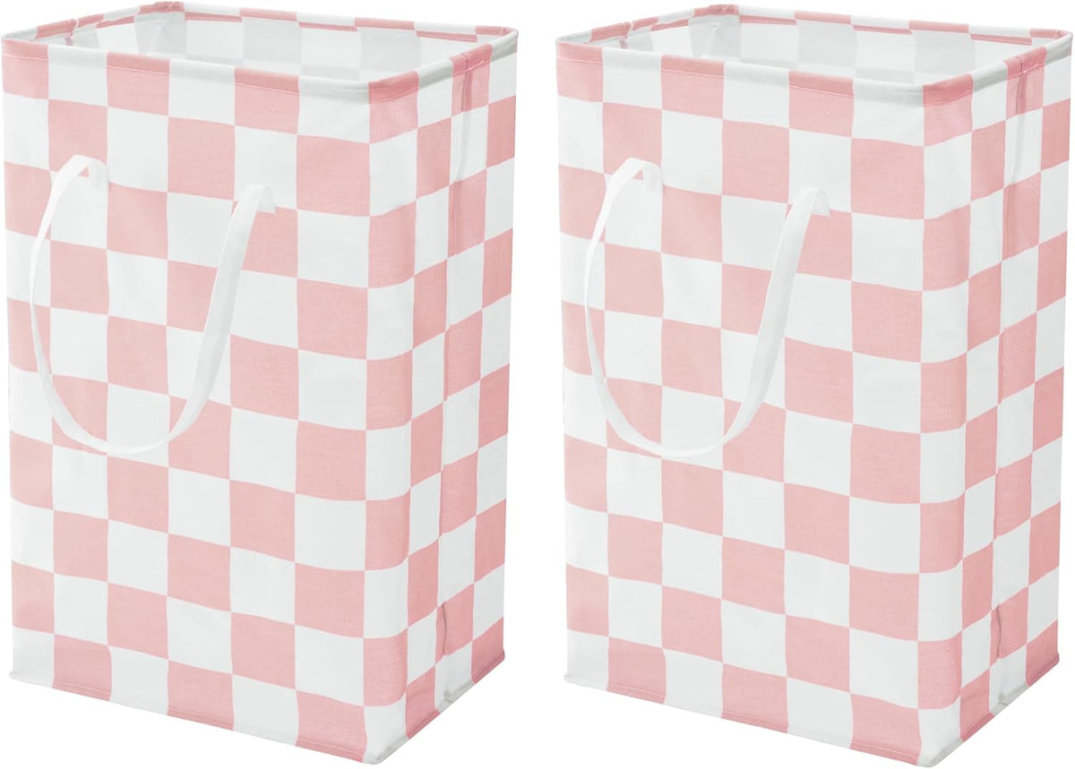 Checkered Laundry Hamper, Pack of 2, Large Pink Collapsible Cloth Hampers Basket for Storage Girls Wome Organization Cute Aesthetic, 2 x 75L