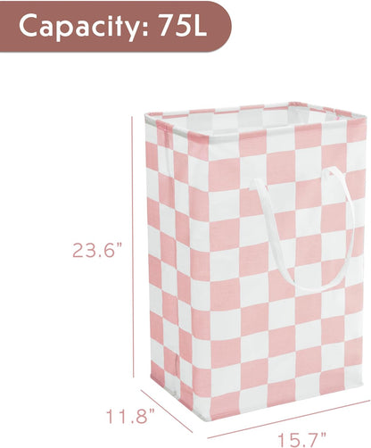 Checkered Laundry Hamper, Pack of 2, Large Pink Collapsible Cloth Hampers Basket for Storage Girls Wome Organization Cute Aesthetic, 2 x 75L