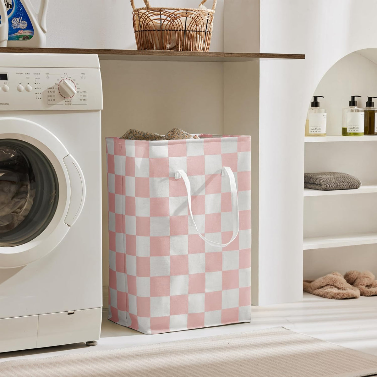 Checkered Laundry Hamper, Pack of 2, Large Pink Collapsible Cloth Hampers Basket for Storage Girls Wome Organization Cute Aesthetic, 2 x 75L