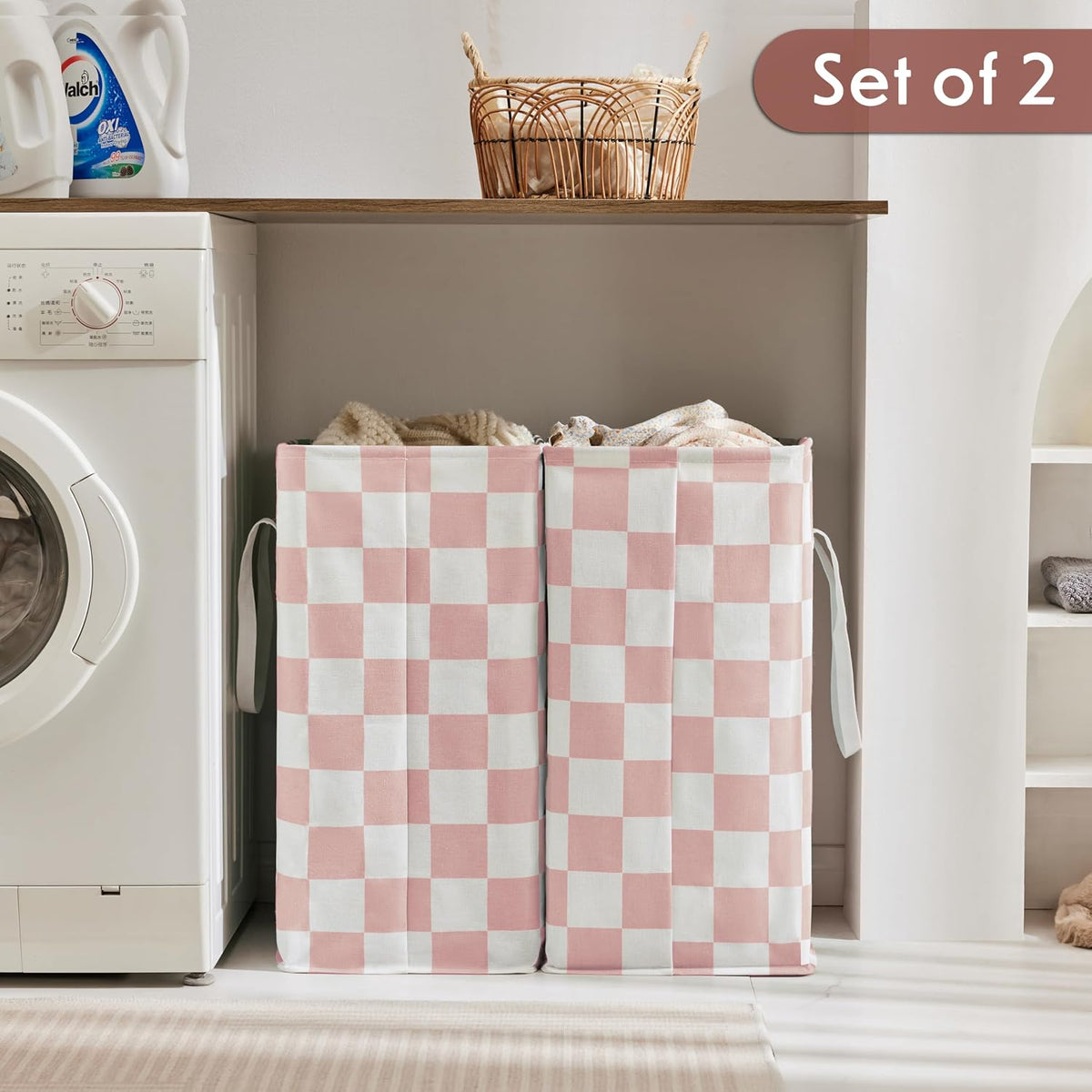 Checkered Laundry Hamper, Pack of 2, Large Pink Collapsible Cloth Hampers Basket for Storage Girls Wome Organization Cute Aesthetic, 2 x 75L