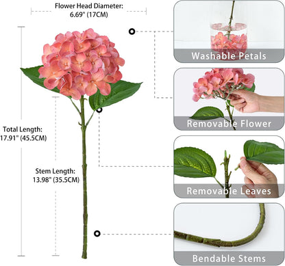 5PCS Hydrangea Artificial Flowers Fake Hydrangea Latex, Coral Peach