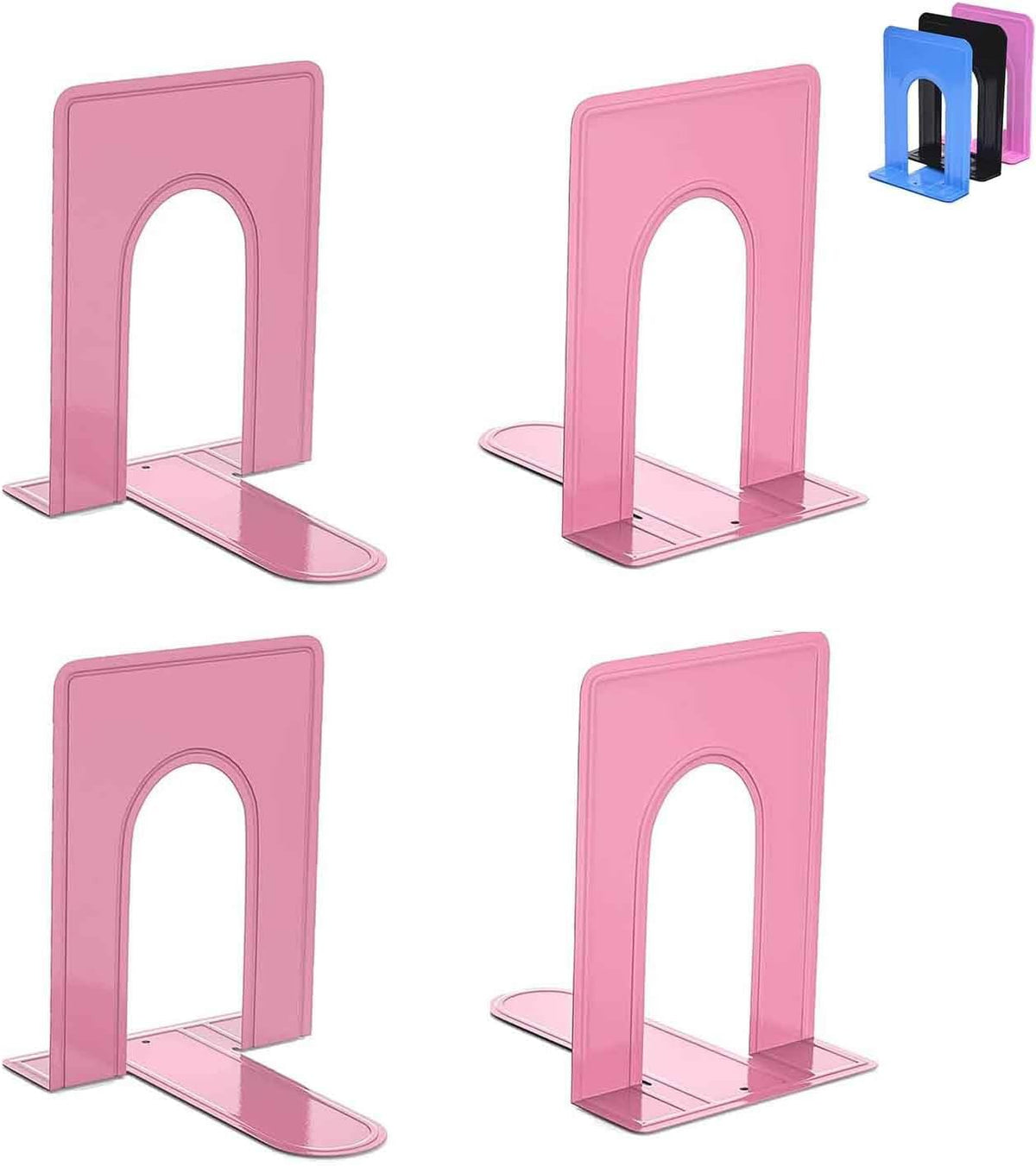 Bookends, Book End Supports Heavy Duty Metal Bookend Support, Book Ends Supports for Shelves Decor Home Office School (2 Pairs/4 Pieces, Pink)
