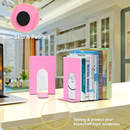 Bookends, Book End Supports Heavy Duty Metal Bookend Support, Book Ends Supports for Shelves Decor Home Office School (2 Pairs/4 Pieces, Pink)