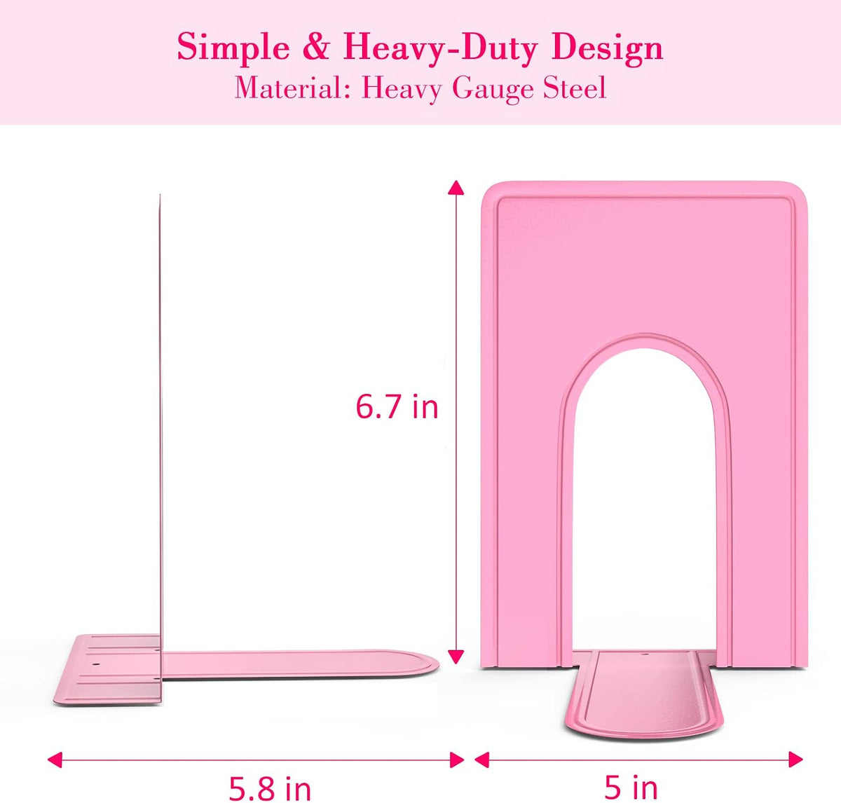 Bookends, Book End Supports Heavy Duty Metal Bookend Support, Book Ends Supports for Shelves Decor Home Office School (2 Pairs/4 Pieces, Pink)