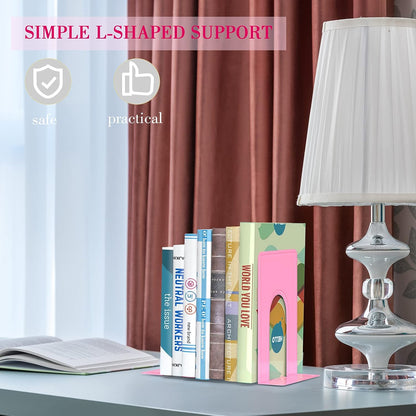 Bookends, Book End Supports Heavy Duty Metal Bookend Support, Book Ends Supports for Shelves Decor Home Office School (2 Pairs/4 Pieces, Pink)