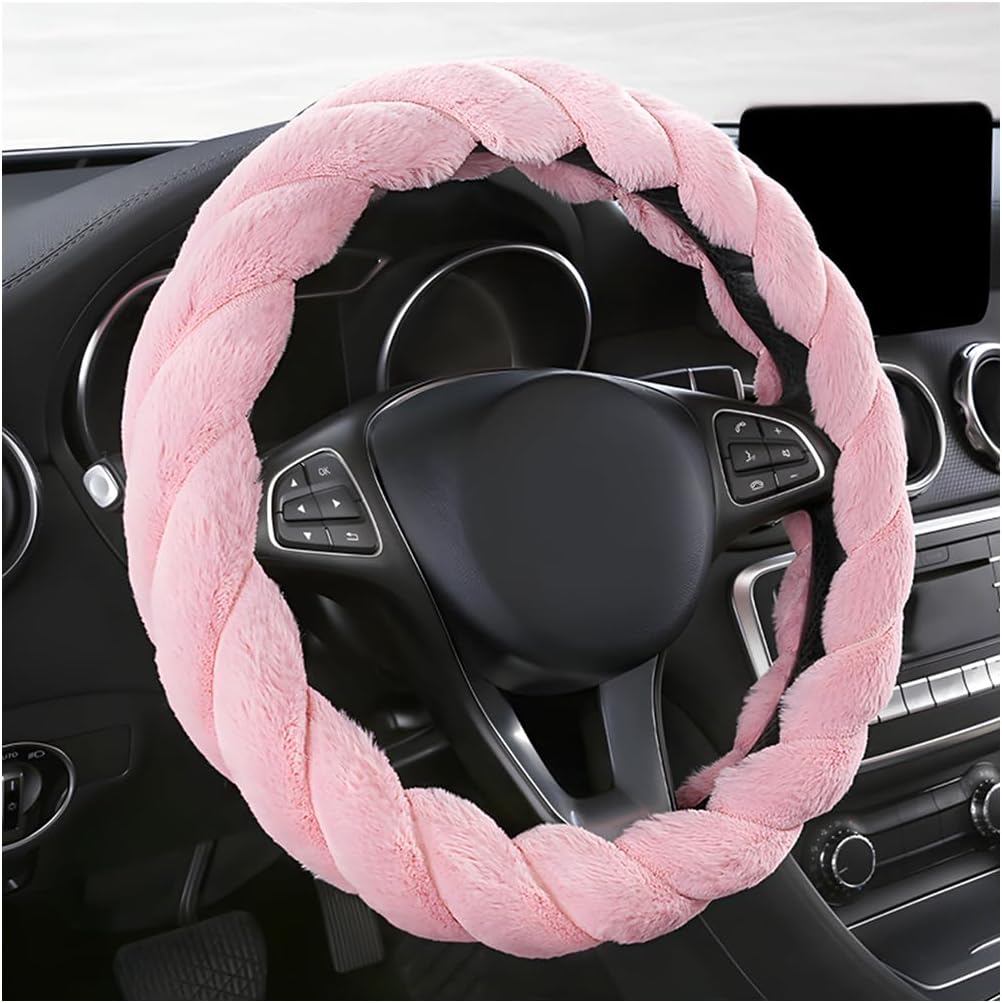 Fluffy Car Steering Wheel Cover, 15 Inches Anti-Slip Round Fuzzy Winter Steering Wheel Protector, Soft Warm Plush Steering Wheel Cover for Women Girls, Car Accessories (Pink, Round)
