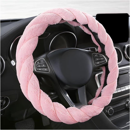 Fluffy Car Steering Wheel Cover, 15 Inches Anti-Slip Round Fuzzy Winter Steering Wheel Protector, Soft Warm Plush Steering Wheel Cover for Women Girls, Car Accessories (Pink, Round)
