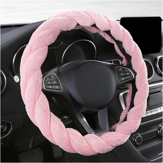 Fluffy Car Steering Wheel Cover, 15 Inches Anti-Slip Round Fuzzy Winter Steering Wheel Protector, Soft Warm Plush Steering Wheel Cover for Women Girls, Car Accessories (Pink, Round)