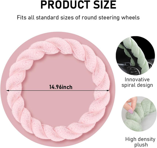 Fluffy Car Steering Wheel Cover, 15 Inches Anti-Slip Round Fuzzy Winter Steering Wheel Protector, Soft Warm Plush Steering Wheel Cover for Women Girls, Car Accessories (Pink, Round)