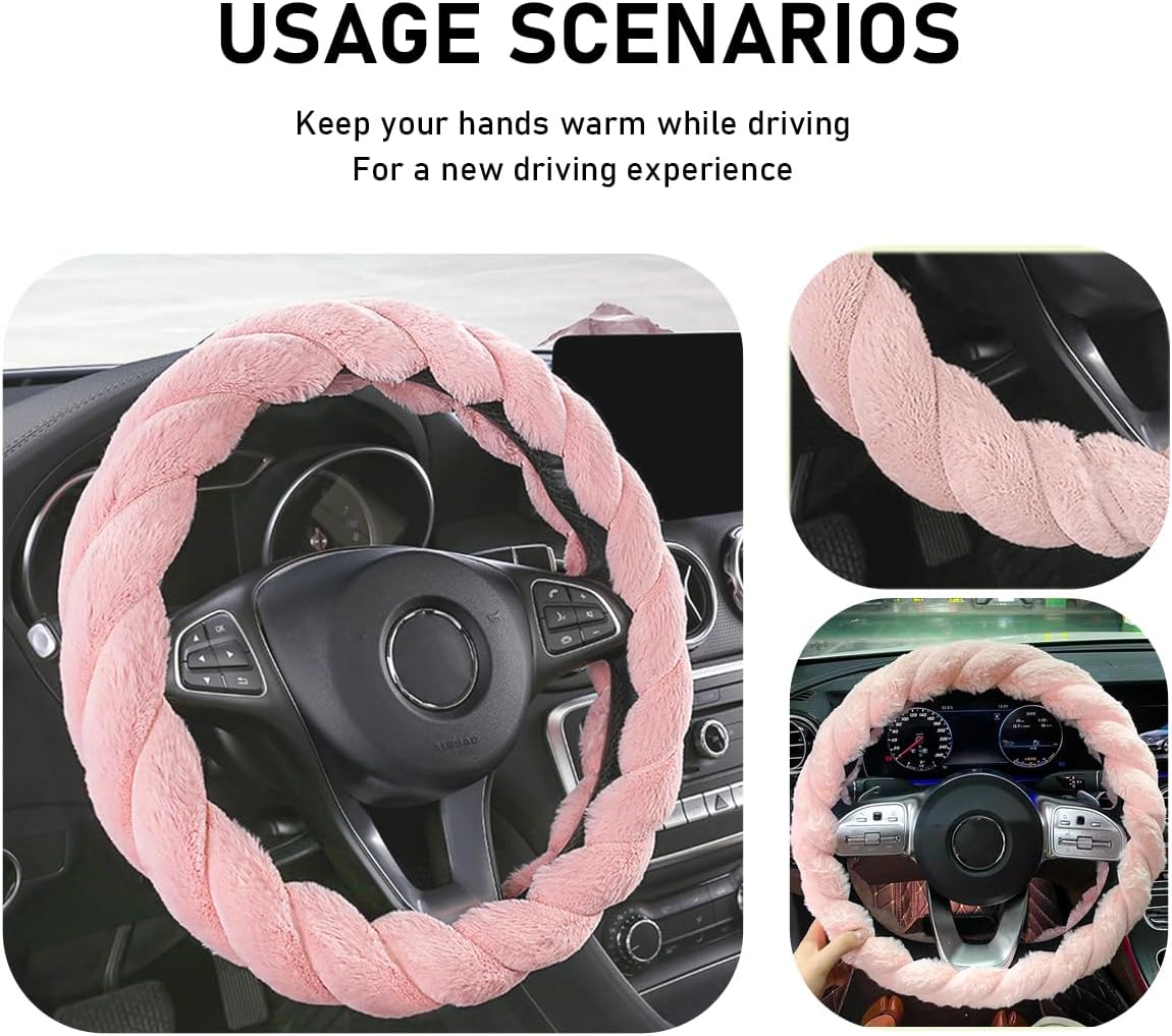 Fluffy Car Steering Wheel Cover, 15 Inches Anti-Slip Round Fuzzy Winter Steering Wheel Protector, Soft Warm Plush Steering Wheel Cover for Women Girls, Car Accessories (Pink, Round)