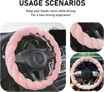 Fluffy Car Steering Wheel Cover, 15 Inches Anti-Slip Round Fuzzy Winter Steering Wheel Protector, Soft Warm Plush Steering Wheel Cover for Women Girls, Car Accessories (Pink, Round)