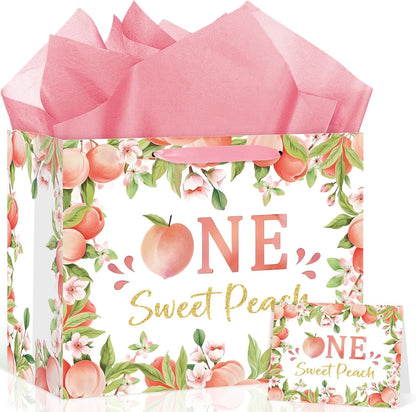Peach 1st Birthday Party Supplies Large Peach Sweet One Gift Bag with Wrapping Paper and Card First Birthday Decorations Wrapping Paper Bag for Baby Girl Baby Shower Gender Reveal Party Supplies