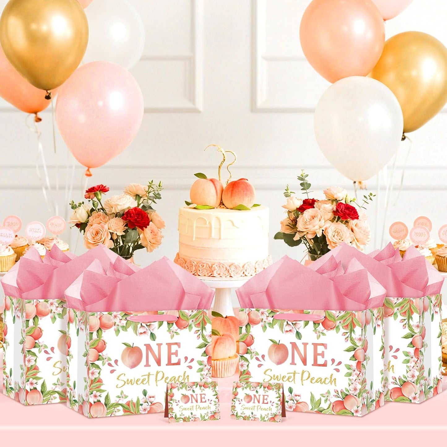 Peach 1st Birthday Party Supplies Large Peach Sweet One Gift Bag with Wrapping Paper and Card First Birthday Decorations Wrapping Paper Bag for Baby Girl Baby Shower Gender Reveal Party Supplies