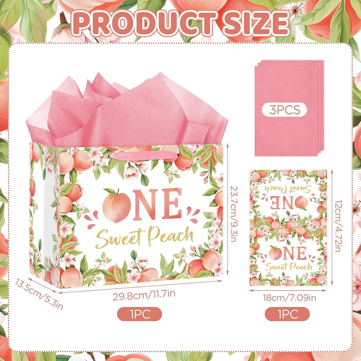 Peach 1st Birthday Party Supplies Large Peach Sweet One Gift Bag with Wrapping Paper and Card First Birthday Decorations Wrapping Paper Bag for Baby Girl Baby Shower Gender Reveal Party Supplies