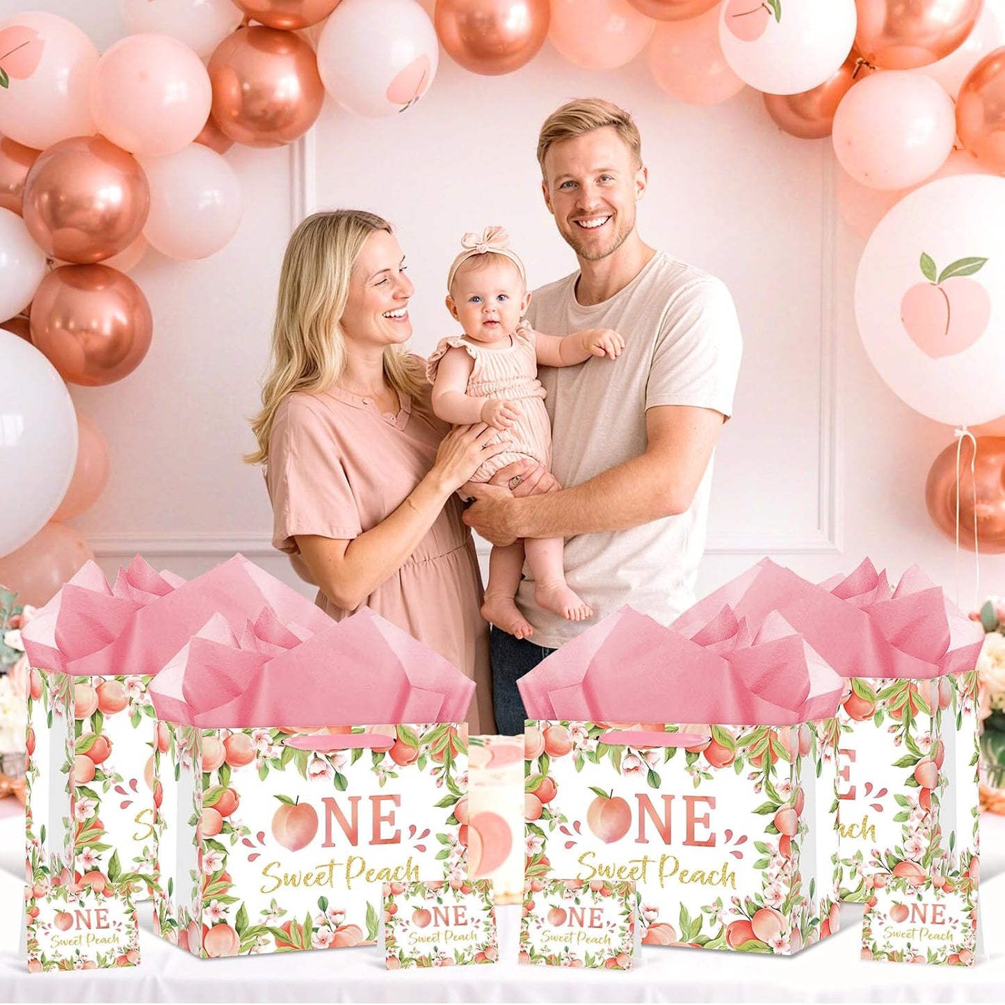 Peach 1st Birthday Party Supplies Large Peach Sweet One Gift Bag with Wrapping Paper and Card First Birthday Decorations Wrapping Paper Bag for Baby Girl Baby Shower Gender Reveal Party Supplies