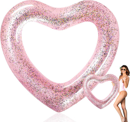 Heart Pool Float 47.3 x 39.4 Inch Inflatable Swim Rings Heart Shaped Bachelorette Pool Rings Glitter Swimming Pool Float Tube Summer Water Fun Beach Party Toys for Adults