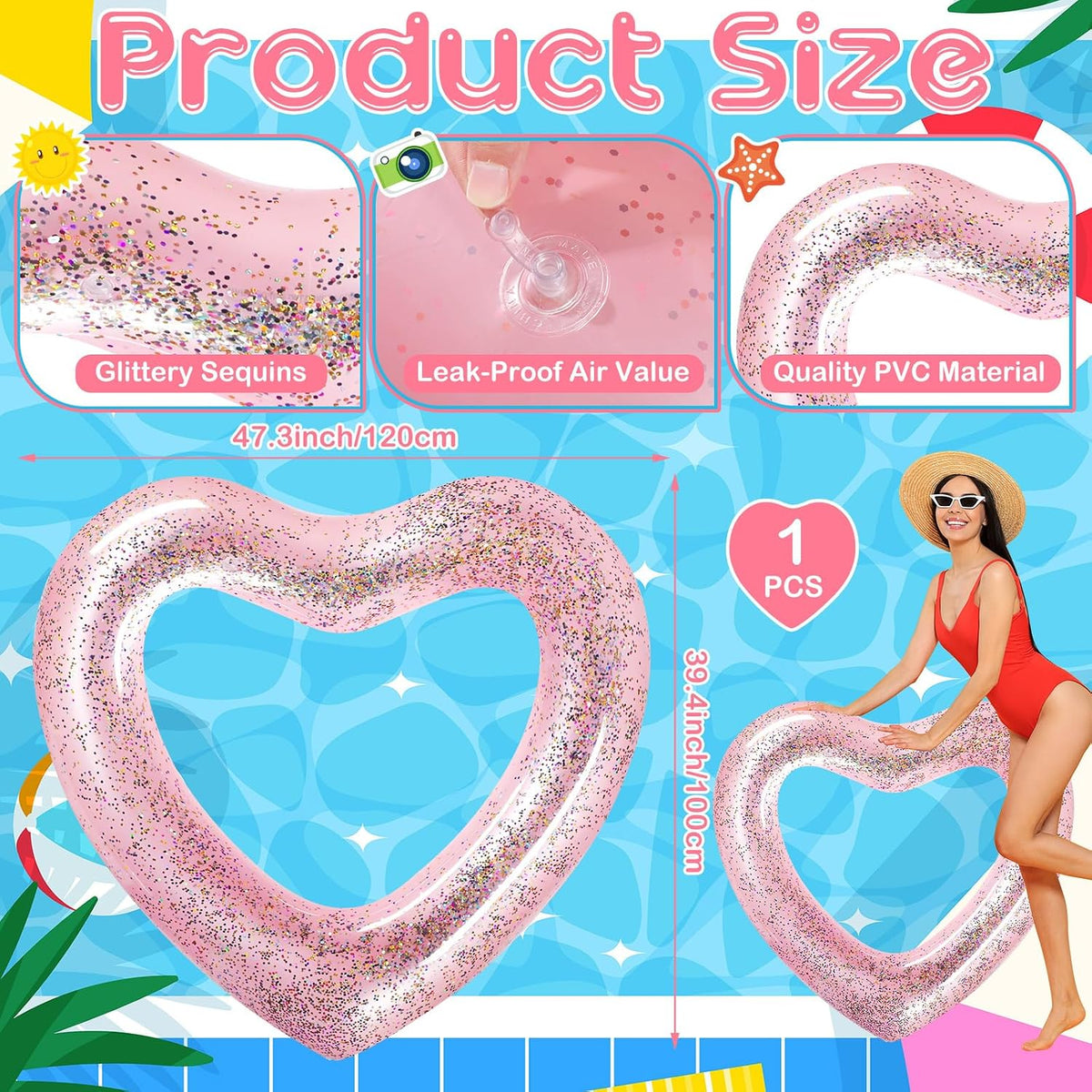 Heart Pool Float 47.3 x 39.4 Inch Inflatable Swim Rings Heart Shaped Bachelorette Pool Rings Glitter Swimming Pool Float Tube Summer Water Fun Beach Party Toys for Adults