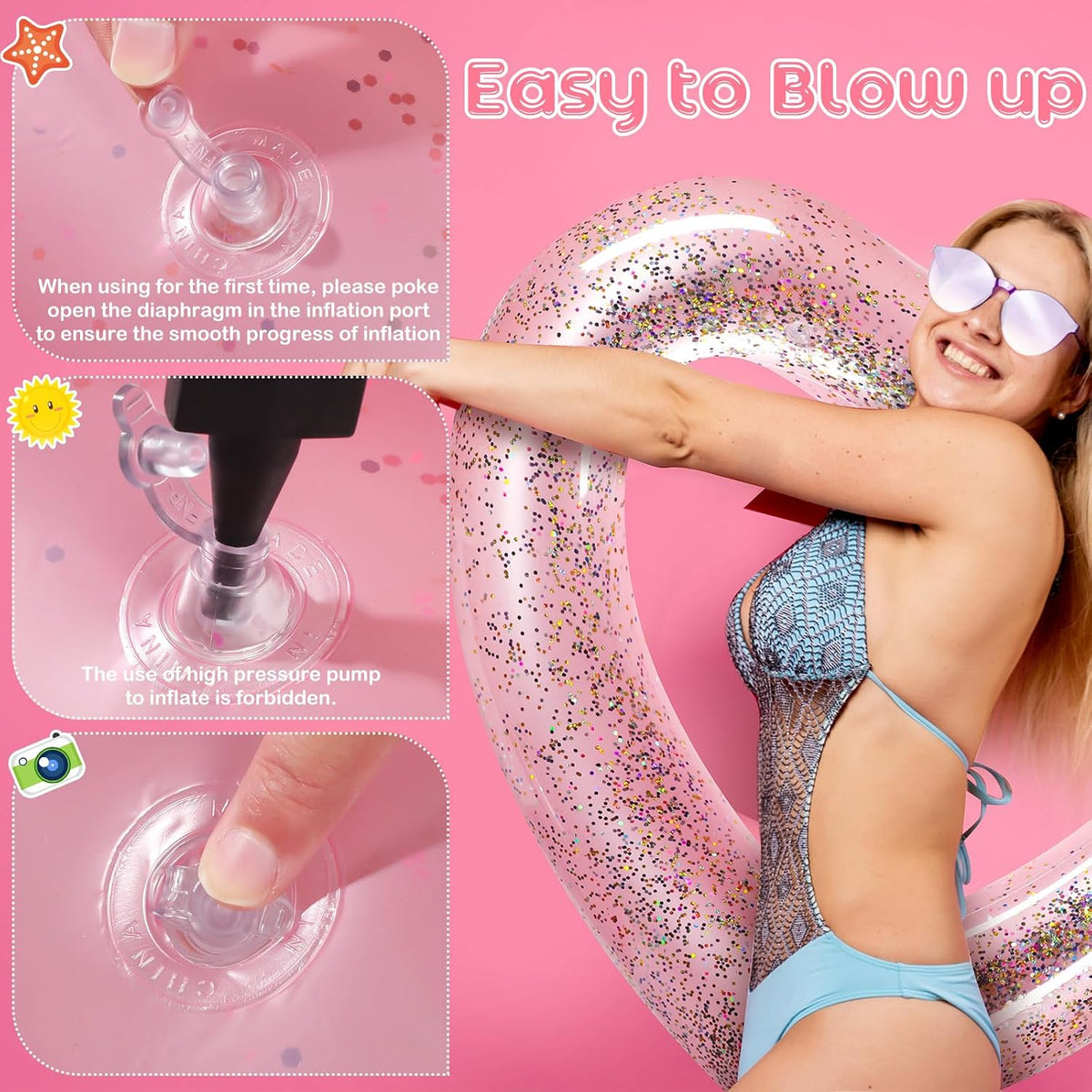 Heart Pool Float 47.3 x 39.4 Inch Inflatable Swim Rings Heart Shaped Bachelorette Pool Rings Glitter Swimming Pool Float Tube Summer Water Fun Beach Party Toys for Adults