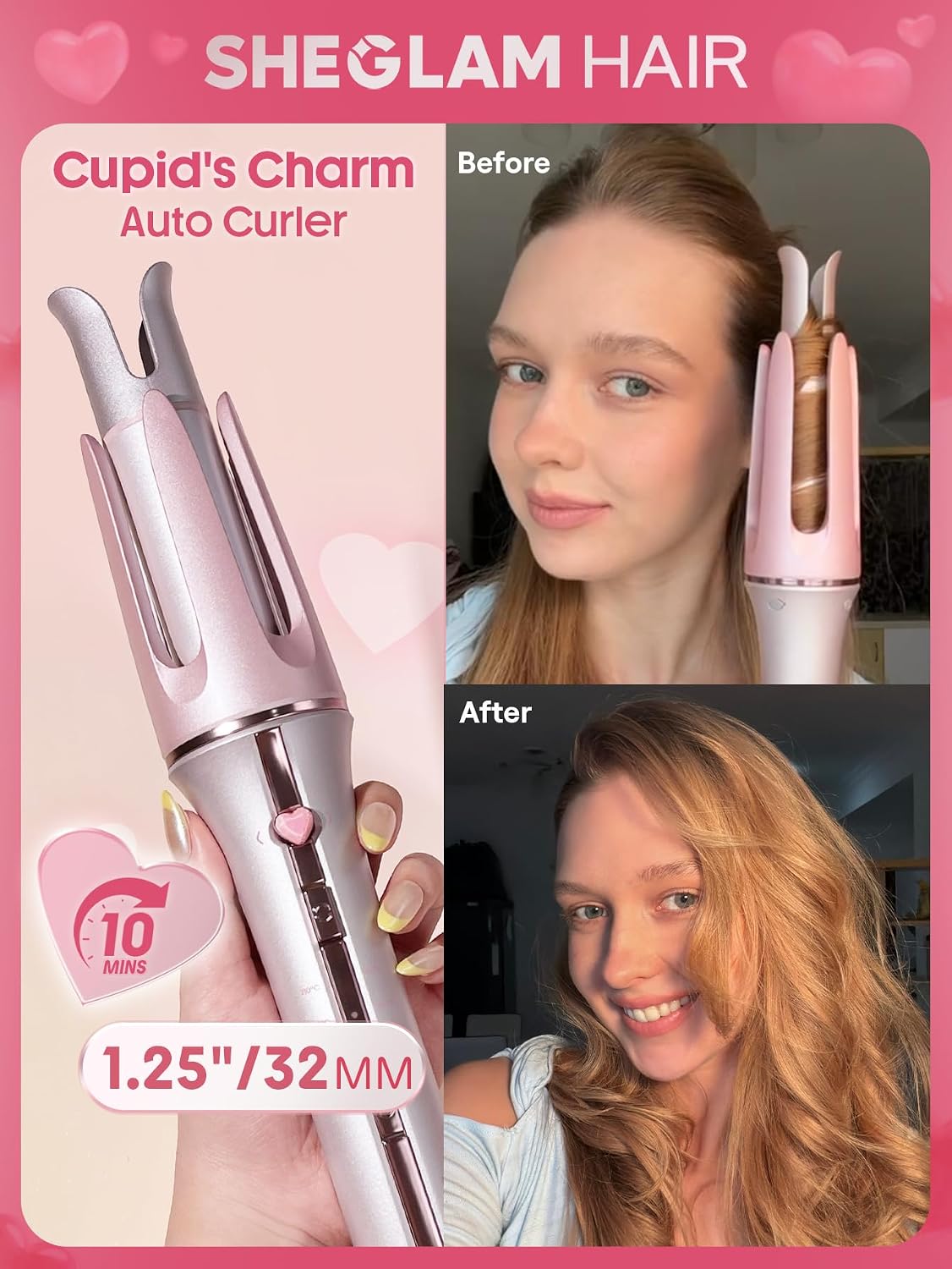 Pink Curling Iron Automatic Gift for Woman (Pink, 1.25 inch) Cupid's Charm One-Touch Instant Curler