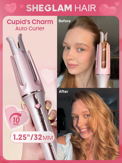Pink Curling Iron Automatic Gift for Woman (Pink, 1.25 inch) Cupid's Charm One-Touch Instant Curler