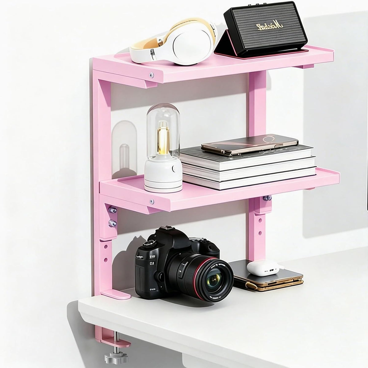 Clamp on Desk Shelf, 2 Tier Office Desk Shelves Organizer, Wood Desktop Supplies Storage Rack, Desk Organizers and Accessories (Pink)