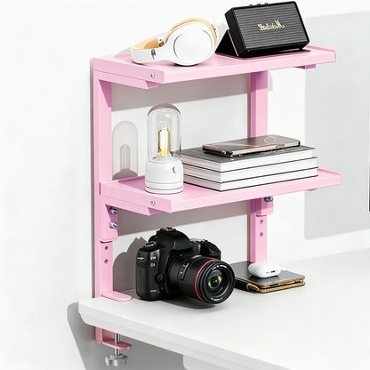 Clamp on Desk Shelf, 2 Tier Office Desk Shelves Organizer, Wood Desktop Supplies Storage Rack, Desk Organizers and Accessories (Pink)