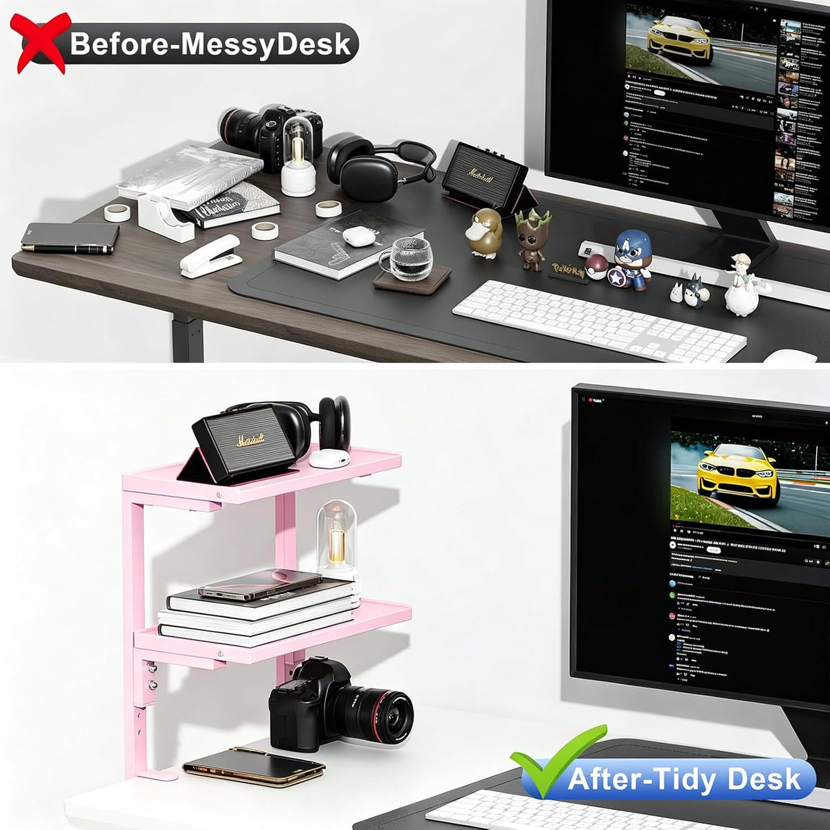 Clamp on Desk Shelf, 2 Tier Office Desk Shelves Organizer, Wood Desktop Supplies Storage Rack, Desk Organizers and Accessories (Pink)