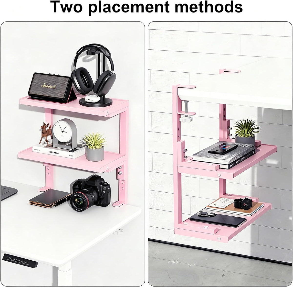 Clamp on Desk Shelf, 2 Tier Office Desk Shelves Organizer, Wood Desktop Supplies Storage Rack, Desk Organizers and Accessories (Pink)