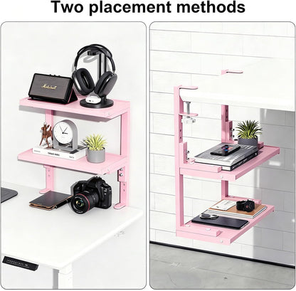 Clamp on Desk Shelf, 2 Tier Office Desk Shelves Organizer, Wood Desktop Supplies Storage Rack, Desk Organizers and Accessories (Pink)