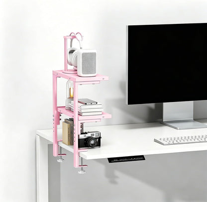 Clamp on Desk Shelf, 2 Tier Office Desk Shelves Organizer, Wood Desktop Supplies Storage Rack, Desk Organizers and Accessories (Pink)
