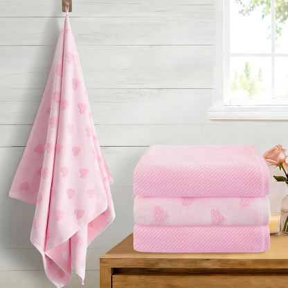 Pink Bath Towels 4-Pack, 100% Soft Cotton 26.5" x 54.5" Quick Dry Absorbent Thick Towels with Jacquard Heart Design