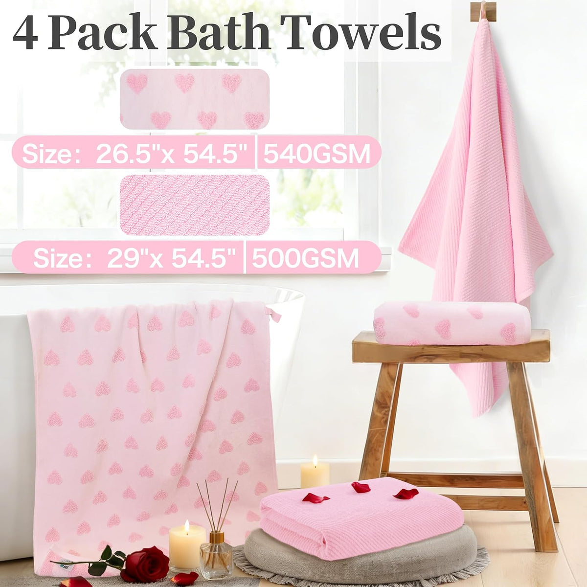 Pink Bath Towels 4-Pack, 100% Soft Cotton 26.5" x 54.5" Quick Dry Absorbent Thick Towels with Jacquard Heart Design