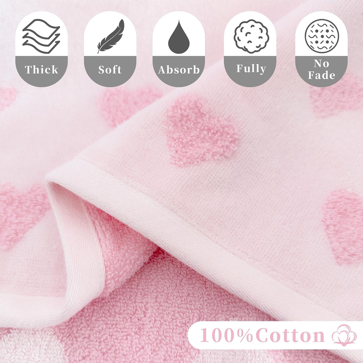 Pink Bath Towels 4-Pack, 100% Soft Cotton 26.5" x 54.5" Quick Dry Absorbent Thick Towels with Jacquard Heart Design