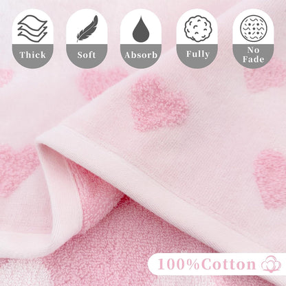 Pink Bath Towels 4-Pack, 100% Soft Cotton 26.5" x 54.5" Quick Dry Absorbent Thick Towels with Jacquard Heart Design