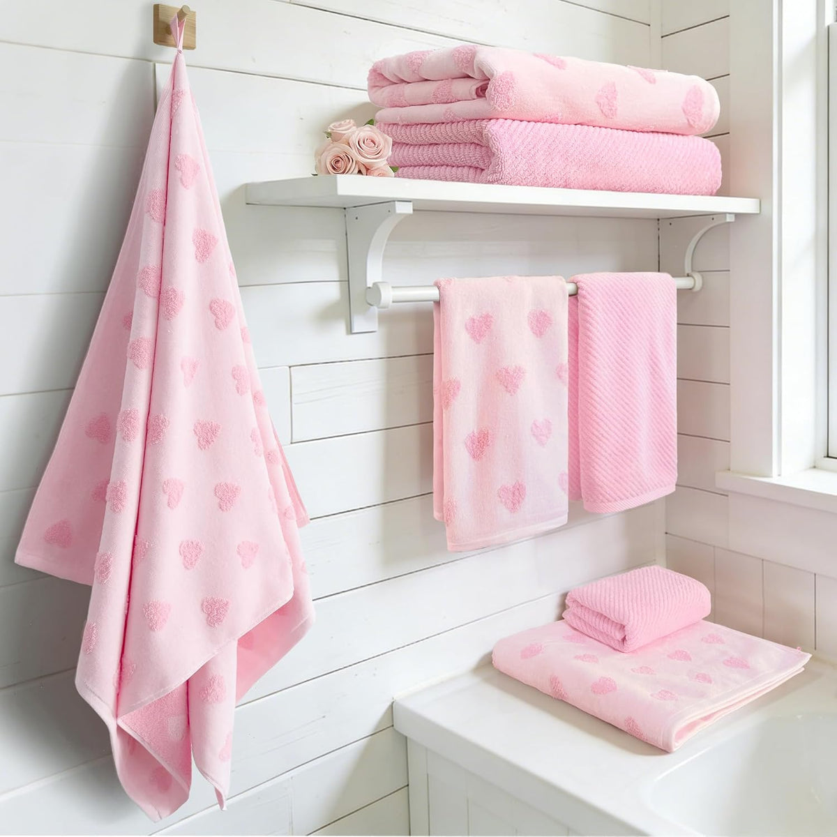 Pink Bath Towels 4-Pack, 100% Soft Cotton 26.5" x 54.5" Quick Dry Absorbent Thick Towels with Jacquard Heart Design
