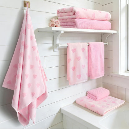 Pink Bath Towels 4-Pack, 100% Soft Cotton 26.5" x 54.5" Quick Dry Absorbent Thick Towels with Jacquard Heart Design