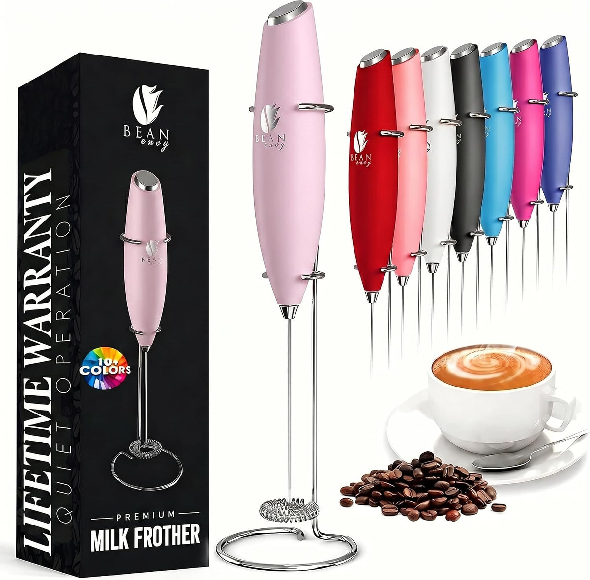 Milk Frother Handheld - Coffee Mixer Wand with Stand - Pink