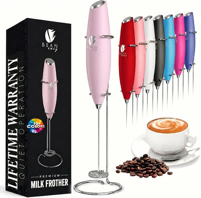Milk Frother Handheld - Coffee Mixer Wand with Stand - Pink