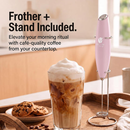 Milk Frother Handheld - Coffee Mixer Wand with Stand - Pink