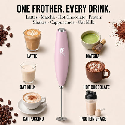 Milk Frother Handheld - Coffee Mixer Wand with Stand - Pink