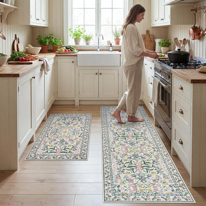 Boho Flower Kitchen Rugs Set of 2, Stain Resistant Non Slip Kitchen Mats for Floor, Washable Kitchen Runner Rugs Carpets for Hallways Entryway Laundry Room (24"x36"+24"x71",Pink