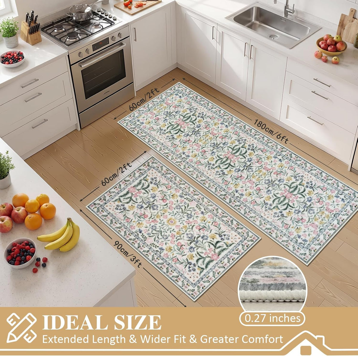 Boho Flower Kitchen Rugs Set of 2, Stain Resistant Non Slip Kitchen Mats for Floor, Washable Kitchen Runner Rugs Carpets for Hallways Entryway Laundry Room (24"x36"+24"x71",Pink