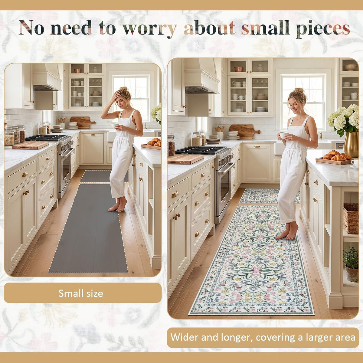 Boho Flower Kitchen Rugs Set of 2, Stain Resistant Non Slip Kitchen Mats for Floor, Washable Kitchen Runner Rugs Carpets for Hallways Entryway Laundry Room (24"x36"+24"x71",Pink