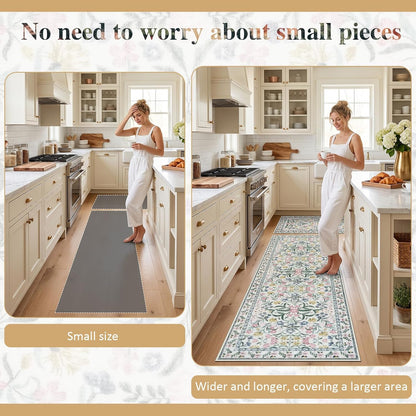 Boho Flower Kitchen Rugs Set of 2, Stain Resistant Non Slip Kitchen Mats for Floor, Washable Kitchen Runner Rugs Carpets for Hallways Entryway Laundry Room (24"x36"+24"x71",Pink