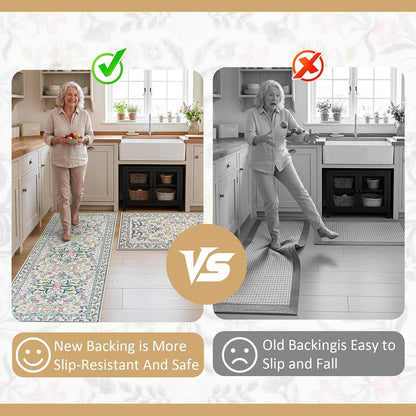 Boho Flower Kitchen Rugs Set of 2, Stain Resistant Non Slip Kitchen Mats for Floor, Washable Kitchen Runner Rugs Carpets for Hallways Entryway Laundry Room (24"x36"+24"x71",Pink