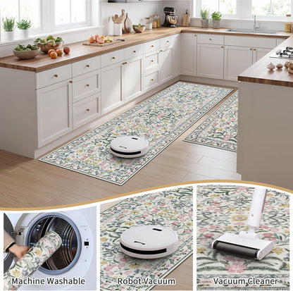 Boho Flower Kitchen Rugs Set of 2, Stain Resistant Non Slip Kitchen Mats for Floor, Washable Kitchen Runner Rugs Carpets for Hallways Entryway Laundry Room (24"x36"+24"x71",Pink