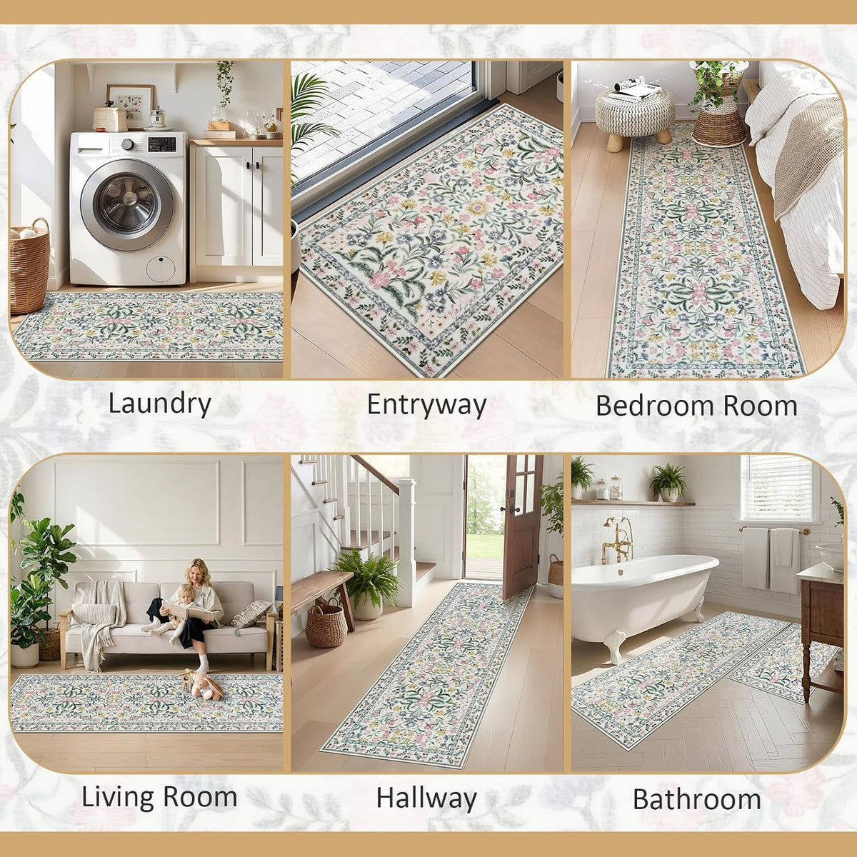 Boho Flower Kitchen Rugs Set of 2, Stain Resistant Non Slip Kitchen Mats for Floor, Washable Kitchen Runner Rugs Carpets for Hallways Entryway Laundry Room (24"x36"+24"x71",Pink