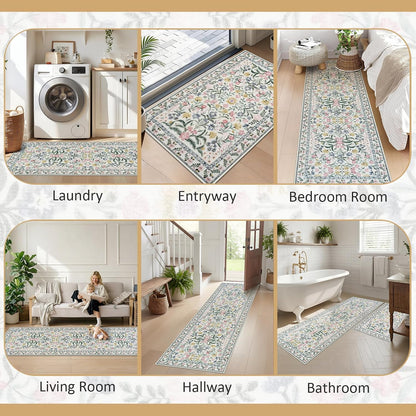 Boho Flower Kitchen Rugs Set of 2, Stain Resistant Non Slip Kitchen Mats for Floor, Washable Kitchen Runner Rugs Carpets for Hallways Entryway Laundry Room (24"x36"+24"x71",Pink